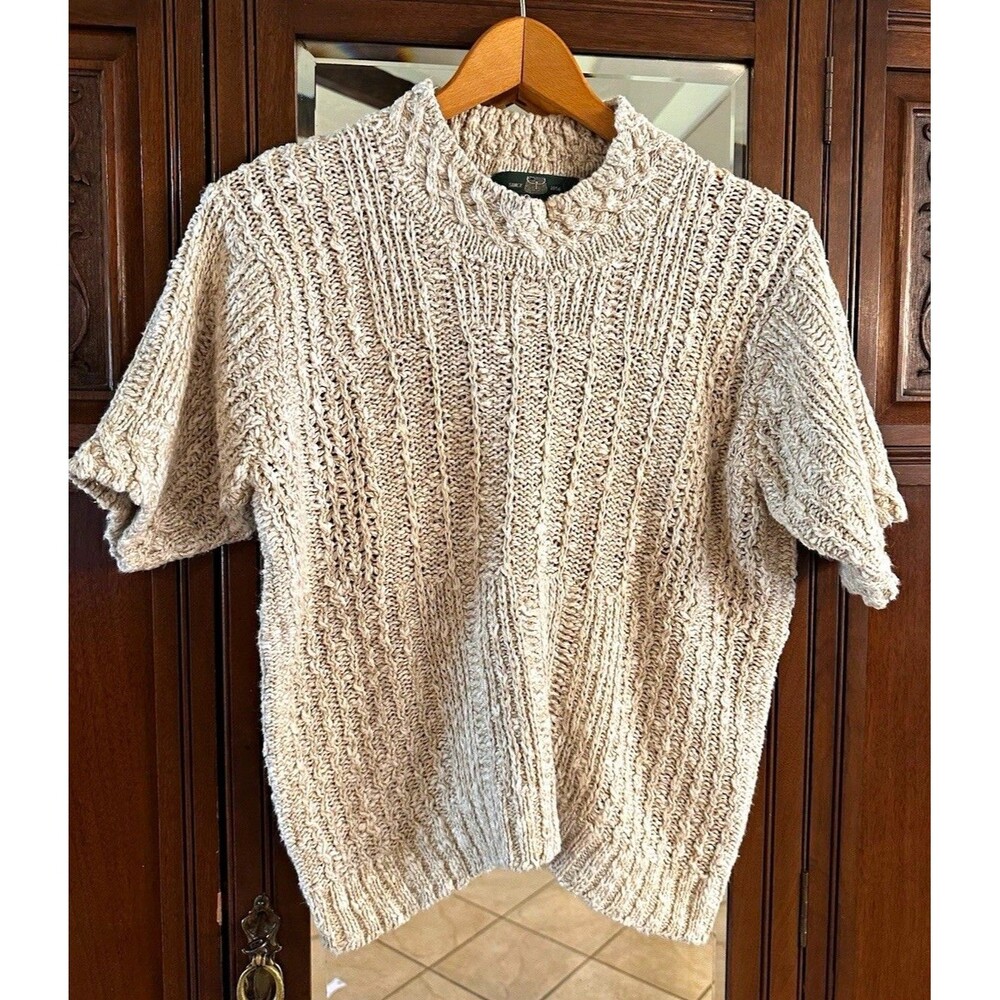 Vtg Orvis Knit Short Sleeve Sweater Medium Ramie Linen Cotton Cream Cable Crop